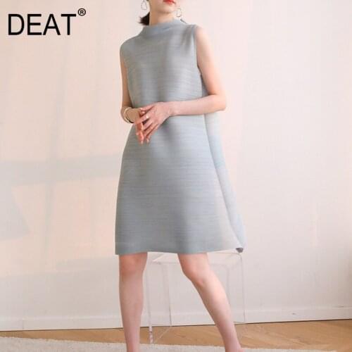 DEAT Women Pleated Sleeveless Dress Solid Half Turtleneck Knee Length Simple Loose Casual Dresses 2021 Summer Fashion 15HT290