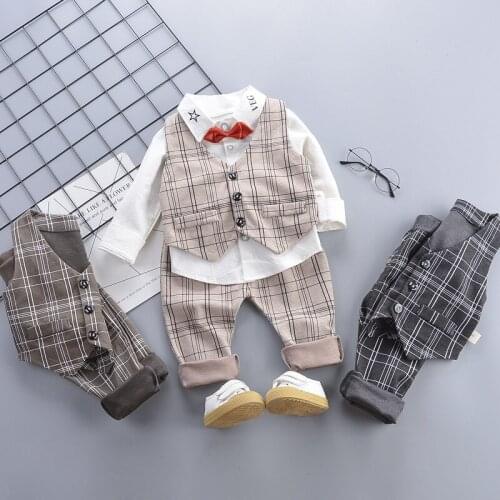 JY 3Piece/Set Boys Plaid Vest+Red Bowtie Shirt+Pant Three-Piece Gentleman Printed Casual Suit 80 90 100 110 XZ01