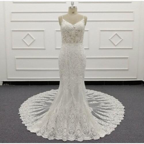 2021 Bridal Dress Lace Wedding Dress Mermaid Illusion Bodice Spaghetti Straps vestido de noiva Appliques Bridal Gowns SJ024-1