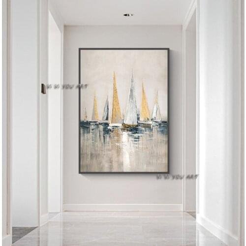 100% Handmade Abstract Oil Painting Large Size Contemporary Sailboat Landscape Modern Wall Art Decorative For Living Room