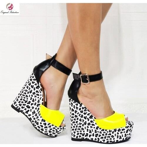 Fashion Leopard High Platform Sandals Women Elegant Yellow Peep Toe Ankle Buckle Strap Wedge High Heels Lady Summer Party Shoes