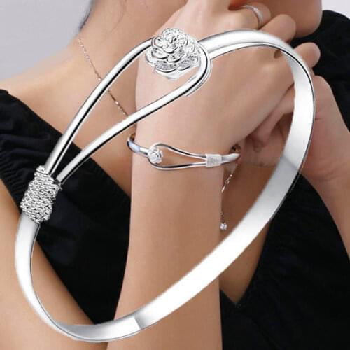 Hot wholesale fine cuff Valentines gift silver color jewelry fashion for women flower open bangle bracelets wedding party