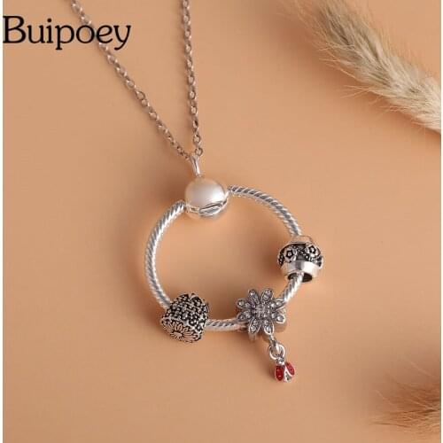 Buipoey Flower Ladybug Pendant Necklace For Women Silver Color Beads Pineapple Charm Necklace Girls Birthday Party Jewelry Gift