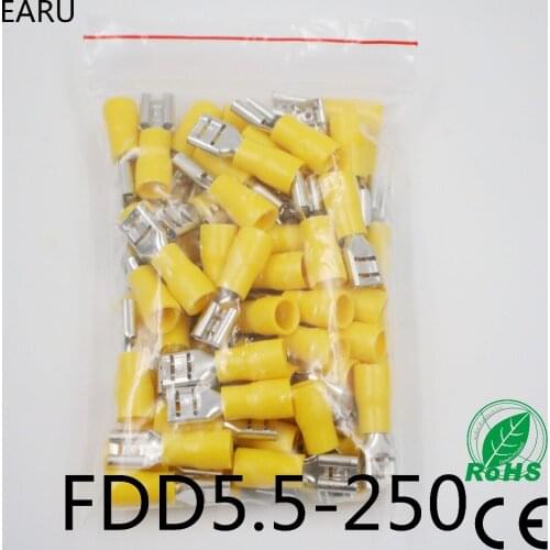 FDD5.5-250 FDD5-250 Female Insulated Electrical Crimp Terminal for 4-6mm2 wire Connectors Cable Wire Connector 100PCS/Pack FDD