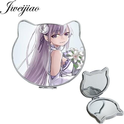 JWEIJIAO Cartoon fairy small mirrors for girls pretty silver hair girl cute Cat Ear Shaped Compact mirror for girlfriend DM01