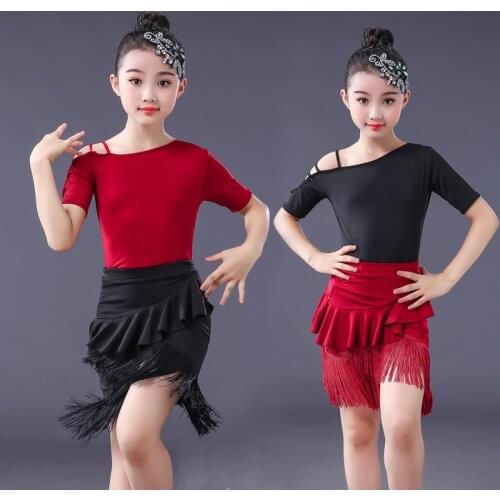 Latin dance costumes childrens new girls short-sleeved fringed dance skirts childrens professional sexy costumes
