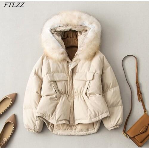 FTLZZ Winter Large Real Raccoon Fur Hooded Short Jacket Women 90% White Duck Down Coat Female Irregular Loose Warm Snow Outwear