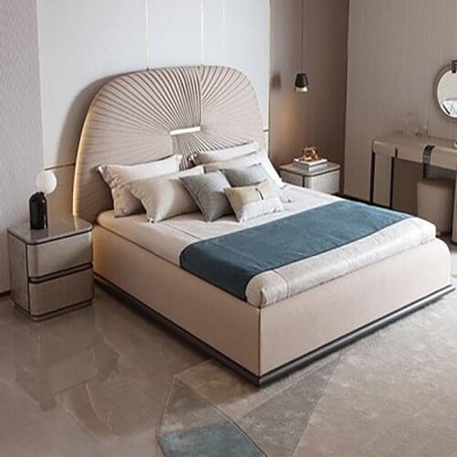Light luxury leather solid wood bed 1.8m modern Nordic minimalist master bedroom high back double bed new leather art furniture