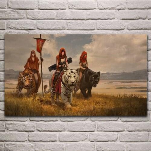 Leopard jaguars white tigers women rider artwork living room decoration home wall art decor wood frame fabric posters KJ298