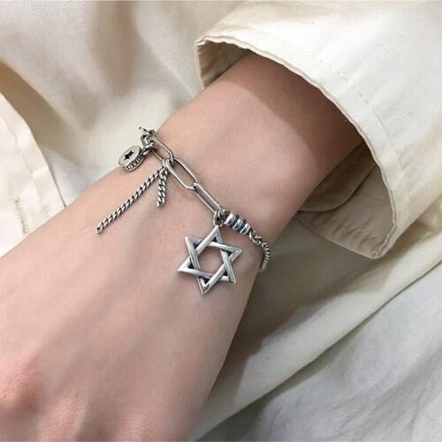 LIVVY Fashion Thai Silver Color Hexagram Stars Bracelet for Women Couples Vintage Round Black Stars Bracelets Party Jewelry Gift
