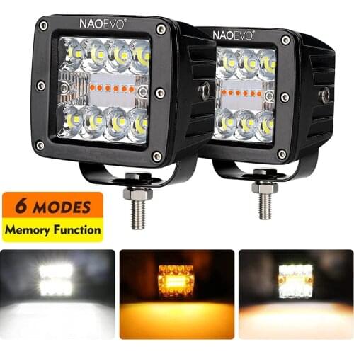 NAOEVO Off Road Cubes Led Bar Light 6 Lighting Modes 3 Inch 72w Amber White Led Square Work Lamp Pod For Auto Truck ATV UTV Boat