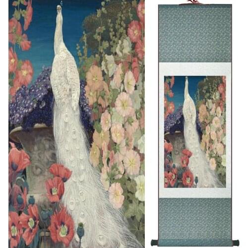 Peacock and flower painting Home Office Decoration Chinese scroll painting traditional birds and flower painting 042102
