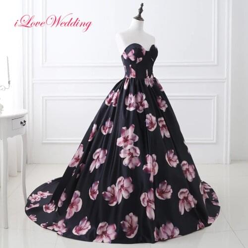 ILoveWedding New Arrival Printed Satin Prom Dresses 2020 Sweetheart Ball Gown Chapel Train Empire Formal Prom Gowns 26402