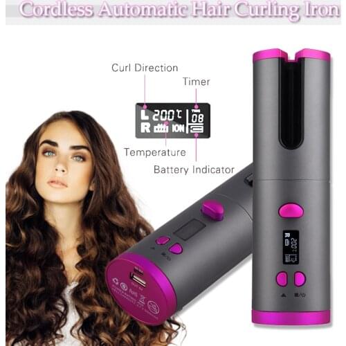 Cordless Automatic Hair Curler USB Rechargeable Curling Iron Curls Waves LCD Display Ceramic Curly Rotating Curling Wave Styer