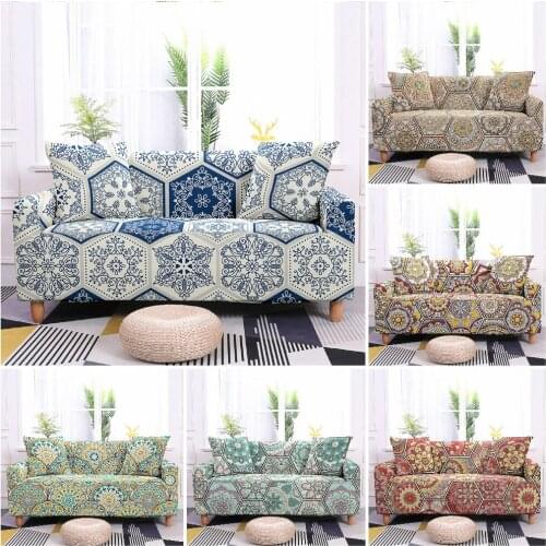 Hexagon Geometric Sofa Cover Elastic Vintage Flower Sofa Slipcovers for Living Room Mandala Sectional Couch Cover 1/2/3/4 Seater
