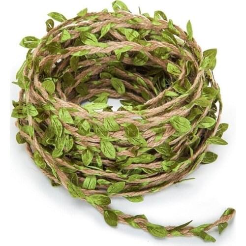5M Natural Jute Twine Burlap Leaf Ribbon with Artificial Vine Green Leaves for Wedding Baby Shower Decor Wreath Wraping Craft