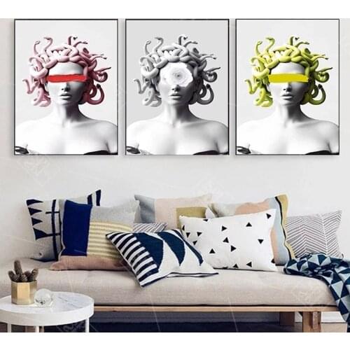 Vaporwave Sculpture Of Medusa Canvas Posters Graffiti Art Classical Figure Paintings Wall Art Cover Face of Medusa Pictures