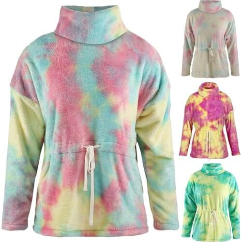 Warm Winter Ladies Pullover Sweatshirt Jumper Tie Dye Print Pullover Women Tops Long Sleeve Drawstring Pocket Hoodies D25