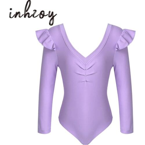 Kids Girls Dance Gymnastics Leotard Pure Color V Neck Ruffle Long Sleeve Ballet Leotard Children Stage Performance Dancewear