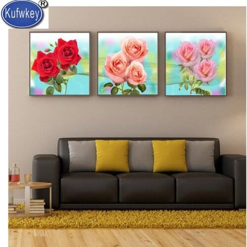 Triptych painting rose Diy square drill diamond painting cross stitch mosaic Full squae round drill Diamond picture Sticking dia