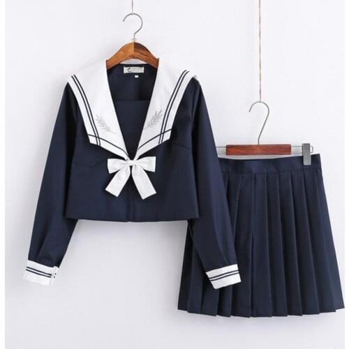Spring Autumn JK Uniform Skirt Pleated Skirt Anti-wrinkle Basic Style Navy Collar Uniform Suit For School Long Sleeve Suit Girls