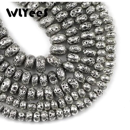 WLYeeS Plating Antique Silver volcanic lava beads 6 8 10mm Flat Round Loose Beads For Jewelry Bracelet Making DIY accessories
