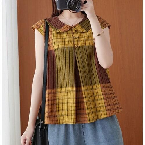 Women Summer Cotton Linen Casual T-shirts New Arrival 2021 Vintage Style Turn-down Collar Plaid Loose Female Tops Tees S3917