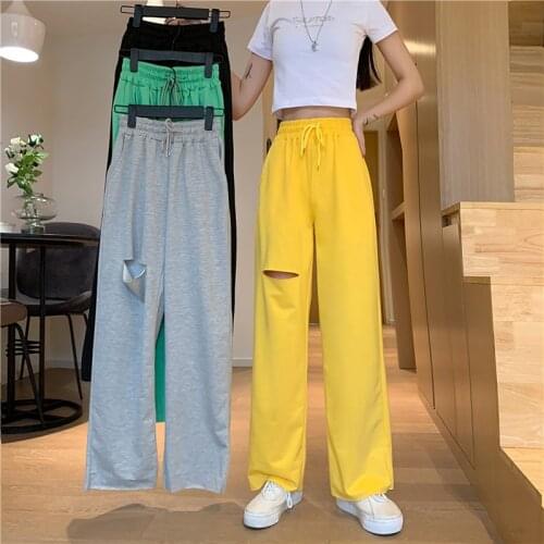 Pants Women 2021 New Cotton Elastic Draw String Design Feeling Hole Sports Leisure wide-legged Mop Floor Trousers WBX1085