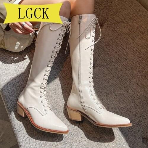 Plus Size 34-39 Winter Knee Boots Women Black Gothic Shoes Boots Square Heels Leather Knee High Boots Women White Combat Boots