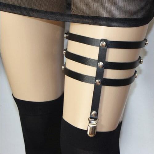 1PC Fashion Women Sexy Harajuku Style Adjustable Elastic Garter Belt Suspenders Rivet Leg Ring PU Leather Punk stockings Garter