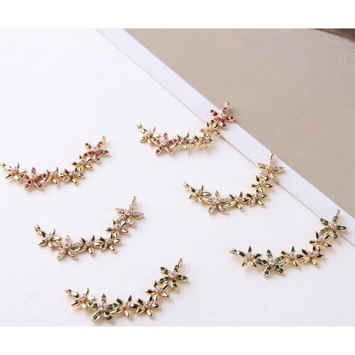2pcs Vintage Copper-plated real gold zircon flowers clusters double hanging pendants DIY jewelry necklace ccessories materials