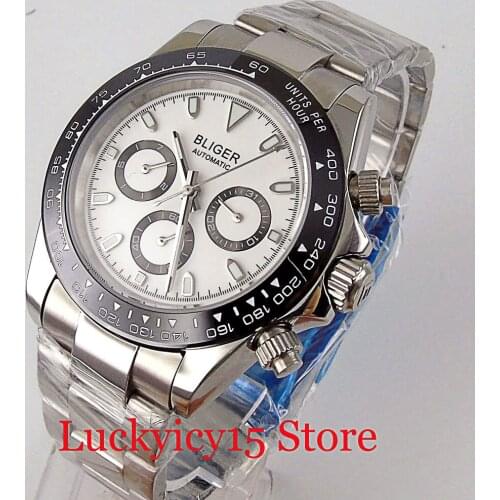 BLIGER New Dress Steel Automatic Mechanical Watch Men Date Week Function Screw Crown Three Eyed Dial Brushed Bracelet