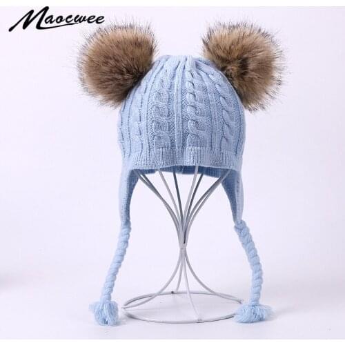 Children Kids Caps PomPon Hat Beanies Faux Fur ball Winter Warm Knitted Skullies Hats Pure Colour Striped Cap Beautiful lovely