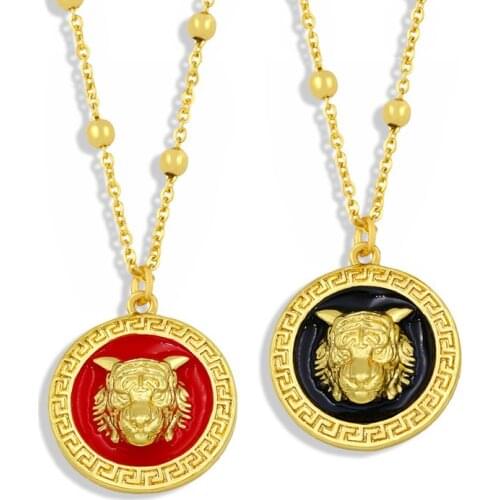 FLOLA 3 Colors Gold Chain Enamel Animal Wolf Tiger Necklace For Women Beads Copper Coin Pendant Necklace Girls Jewelry nkew57