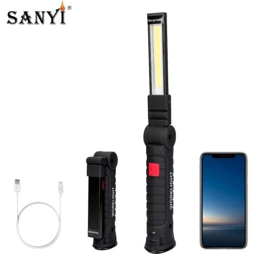 5 Lighting Modes COB LED Flashlight Foldable Working Lamp Battery Operated Magnetic Torch Red Warning Lamp With Hook For Camping