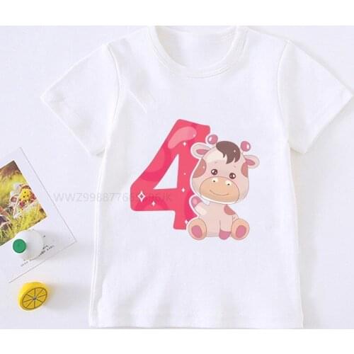 Boys Cow 1-9 Birthday Number Print T Shirt Children Birthday Boy Animal T-shirts Boy&Girl Funny Gift Tshirt Present
