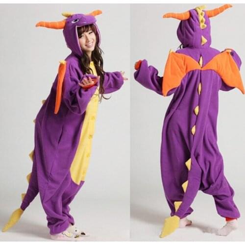 Adults Cartoon Animal Onesies Pyjamas Full Sleeve Hooded Fleece Lovers Couple Purple Dragon Pijama Carnival Costumes
