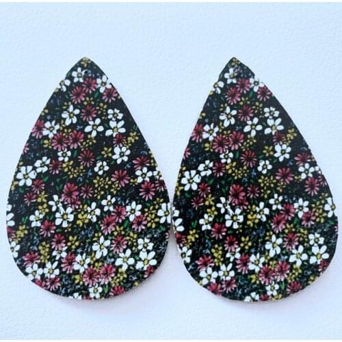 Leather Earrings Blooming midsummer Meadow Floral Flowers Cowhide Print Teardrop Earrings