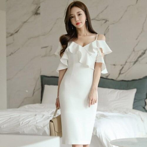 Fashion Summer Casual V-Neck Ruffle Midi Party Dress Ladies Elegant Streetwear Butterfly Sleeve Hollow Skinny Split Pencil Dress