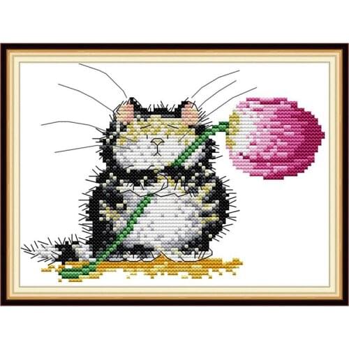Everlasting Love Kitten Giving Flowers Ecological Cotton Cross Stitch Kits Clear Printed 14CT DIY Gift New Year Sales Promotion