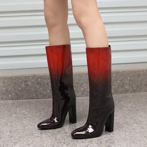 Autumn Winter Patent Leather Womens Boots Mixed Colors Slip On Loose Fashion Knee High Boots Ladies Square High-Heel Long Boots