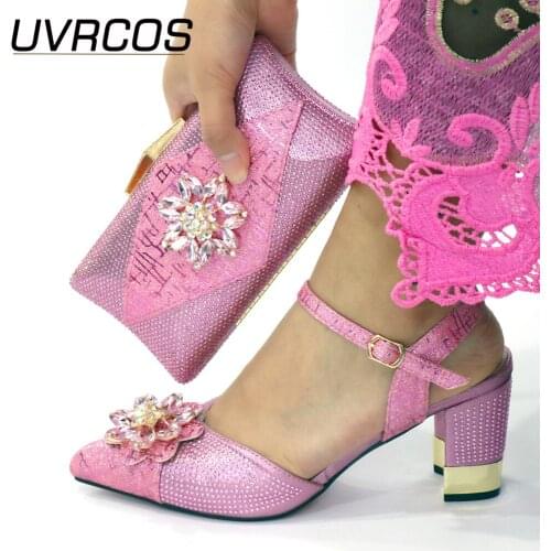 Pink Color Women Matching Shoes and Bag Set Office Lady Shoes and Bag Mature Style Shoes for Party with Shinng Crystal