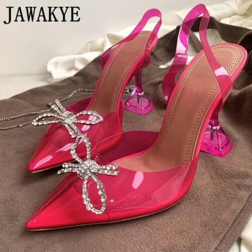 Transparent PVC Crystal High Heel Sandals Women Bow-knot Pointy toe Goblet Heel Jelly Sandals Summer Sexy Party Wedding Shoes