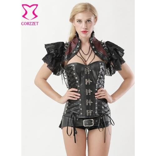 Punk Style Button Chain Lace Up Black/Red Faux Leather and Sequin Lace Steampunk Jacket Women Coat Gothic Bolero chaqueta mujer