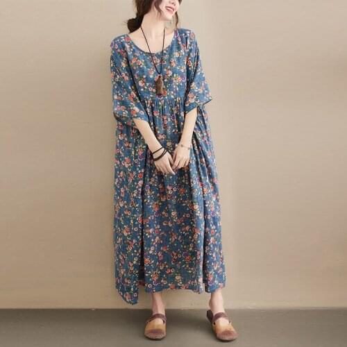 Johnature Vintage Print Flowers Navy Blue Summer Women Casual Dresses 2021 New Ankle-length Half Sleeve O-Neck Loose Dresses