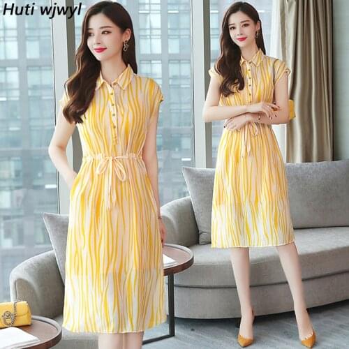 2021 Korean Boho Beach Midi Dress Summer Vintage Plus Size Striped Chiffon Sundress Elegant Women Yellow Short Sleeve Vestidos
