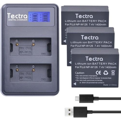 Tectra 3pcs NP-W126 NP W126 Li-ion Camera Battery + LCD USB Dual Charger for Fujifilm X-M1 X-M2 E1 E2 A1 X-T1 XT1 HS33 HS30 HS50