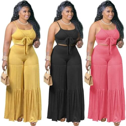 45Q21Y858 Summer Women Casual Fashion Slim Solid Navel Sling Two Piece Set Top and Wide Leg Pants Tracksuit Sweatsuit Outfits