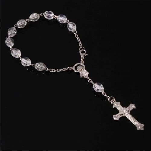 8mm Catholic Transparent Pearl Rosary Bracelet, Catholic Charm Jesus Cross Bracelet Children Baptism