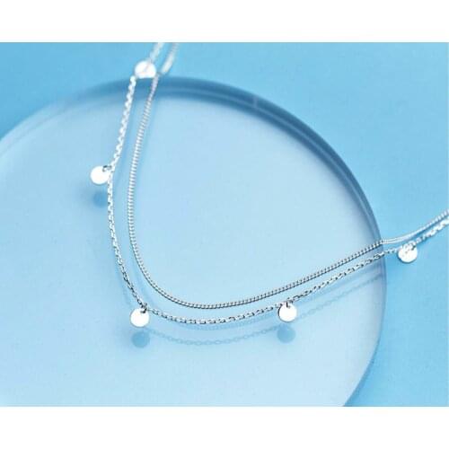 925 Sterling Silver Double Layers Round Wafer Tags Necklace A2414
